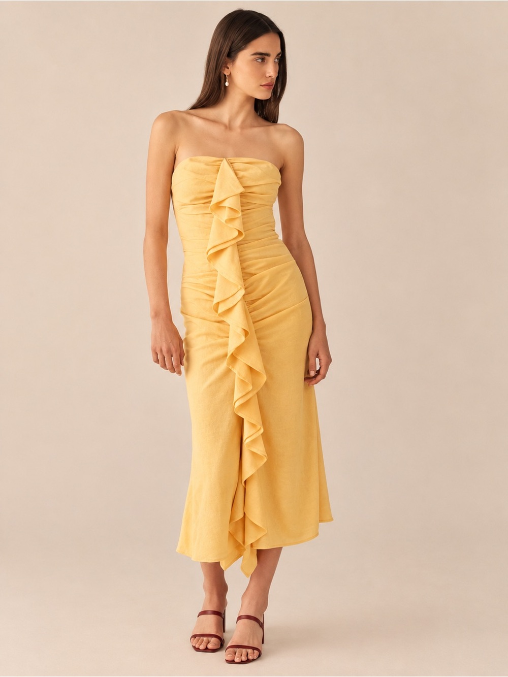 C/MEO Collective Vices Strapless Ruffle Midi Dress Marigold Yellow Medium